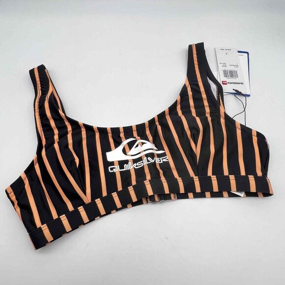 New Quicksilver Black & Orange Striped Logo Swim Top - Size S - Picture 1 of 4